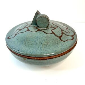 Blue Brown Marked Glazed Pottery Dish With Lid Circle and Triangle Handle